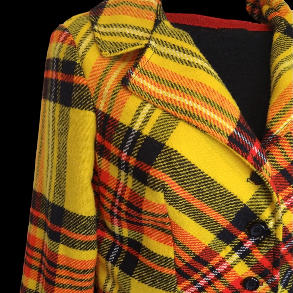 Vintage 1970's Handmade Plaid Button-up Jacket-Women's Small-Yellow, Black & Red - Picture 3 of 8